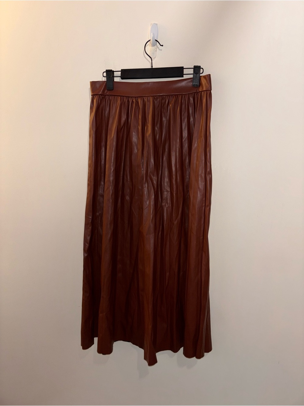 Women's Brown Pleated Faux Leather Midi Skirt